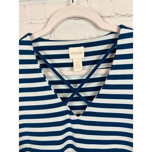 CHICO'S white blue stripes 3/4 sleeve A-line top sweater pullover size 1 8 M - Picture 2 of 7